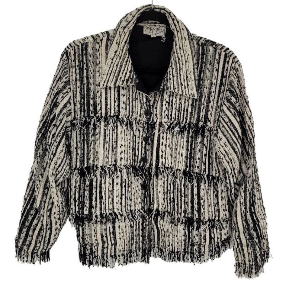 Silver stream womens small black white stripe dot tweed fringe button up jacket